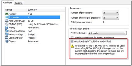 make sure you have the option to pass-through the Intel VT-x/EPT feature