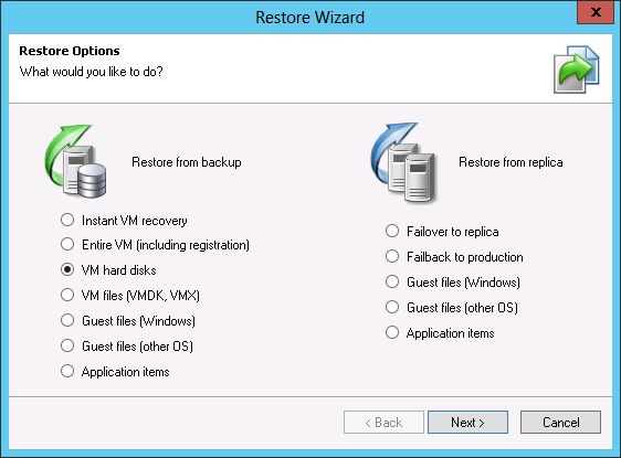Pic 2. Select “Restore VM hard disks” from the list to launch the Hard Disk Restore wizard in Veeam Backup & Replication