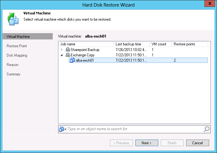Pic 3. Select a VM in the list of available jobs and necessary restore point for this VM in Veeam Backup & Replication