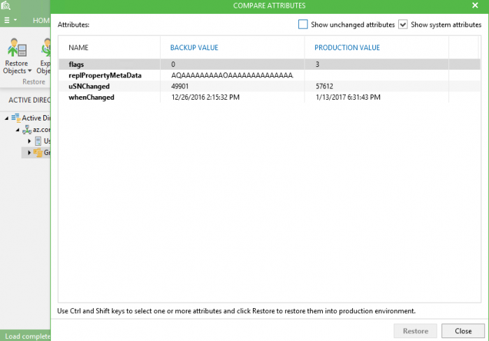 Figure 2. Veeam Explorer for Microsoft Active Directory Comparing backed up GPO with production