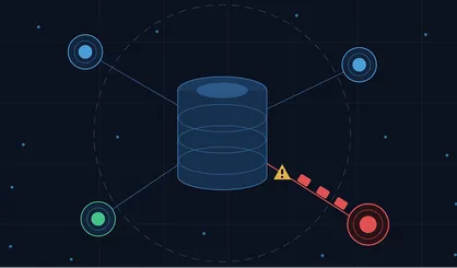 Diagram of a central database with connected nodes and a red threat closing in, showing AI agents targeting enterprise data