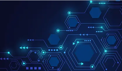 Abstract blue network with connected dots and directional arrows symbolizing DORA compliance, digital resilience, and interconnected financial systems.