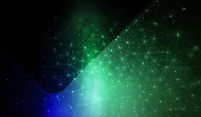 Abstract dark illustration of glowing green and blue network nodes joined by fine lines, brightening toward the lower left.