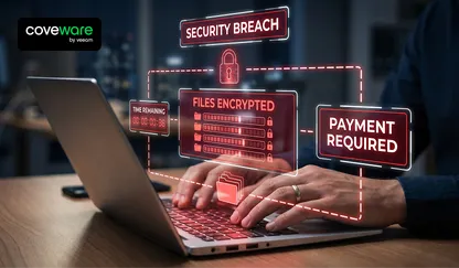 Person typing on a laptop with red ransomware alerts reading Security breach, Files encrypted, and Payment required