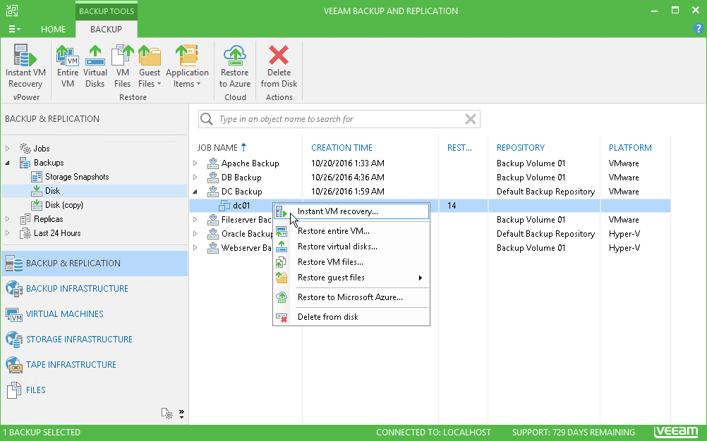 Mit Instant VM Recovery können Sie eine komplette VM innerhalb weniger Minuten aus einem Backup wiederherstellen.