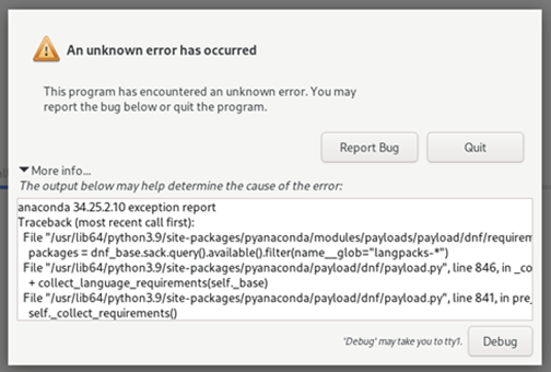 Screenshot of the error that occurs within the JeOS installer.
