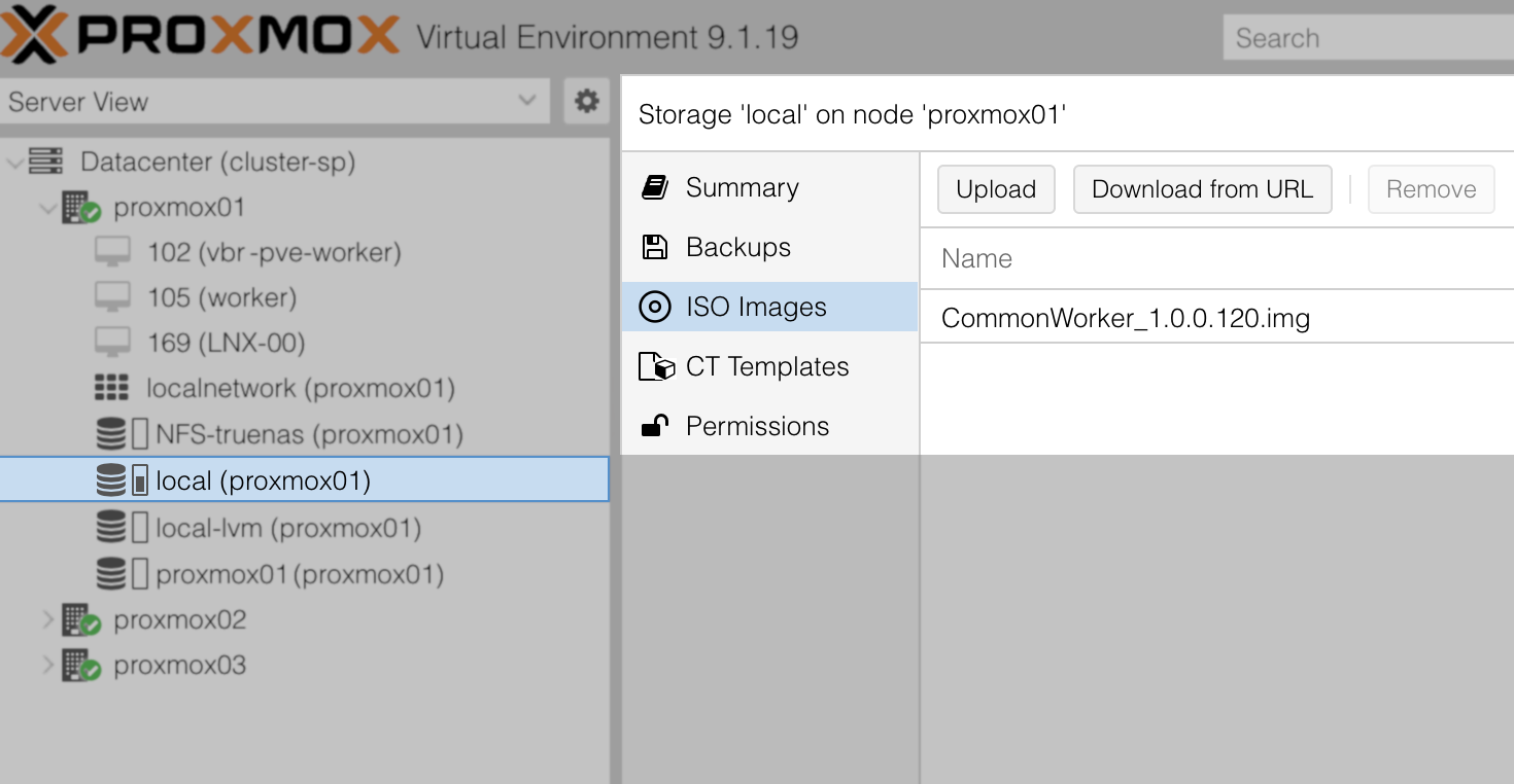 The Proxmox VE web interface with the local storage selected on node proxmox01. The ISO Images tab lists the worker image file CommonWorker_1.0.0.120.img.