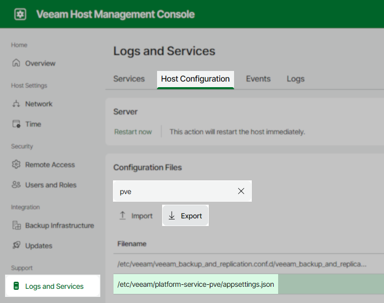 Veeam Host Management Console showing the "Logs and Services" section under "Host Configuration," with the "pve" configuration file selected and the "Export" button highlighted. The file path "/etc/veeam/platform-service-pve/appsettings.json" is shown.