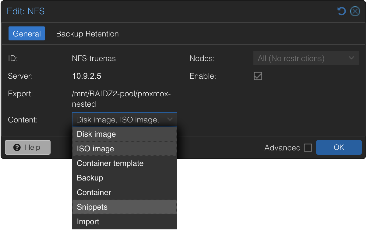 The Proxmox VE storage edit dialog for an NFS storage. The ID field reads NFS-truenas, and the Content list shows ISO image and Snippets selected.