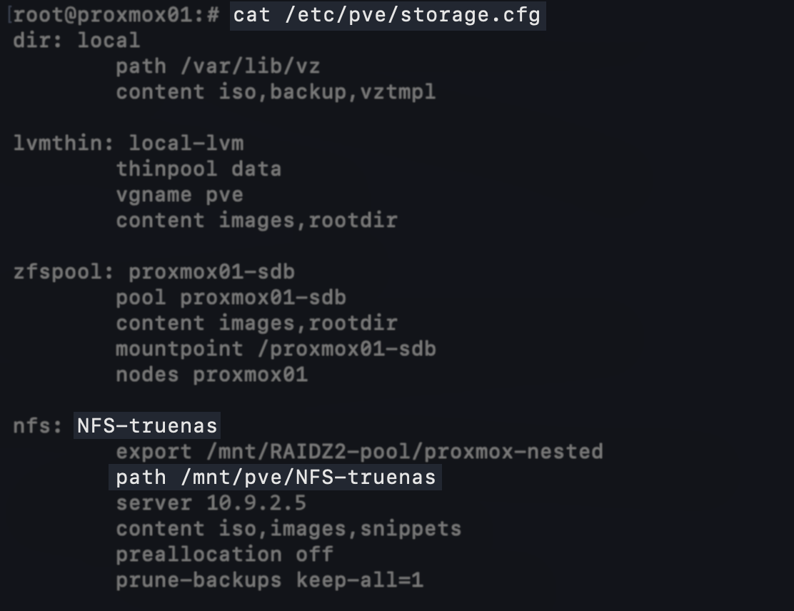 Terminal output of cat /etc/pve/storage.cfg on node proxmox01, listing the local, local-lvm, proxmox01-sdb, and NFS-truenas storage definitions. The nfs: NFS-truenas entry shows path /mnt/pve/NFS-truenas and content iso,images,snippets.